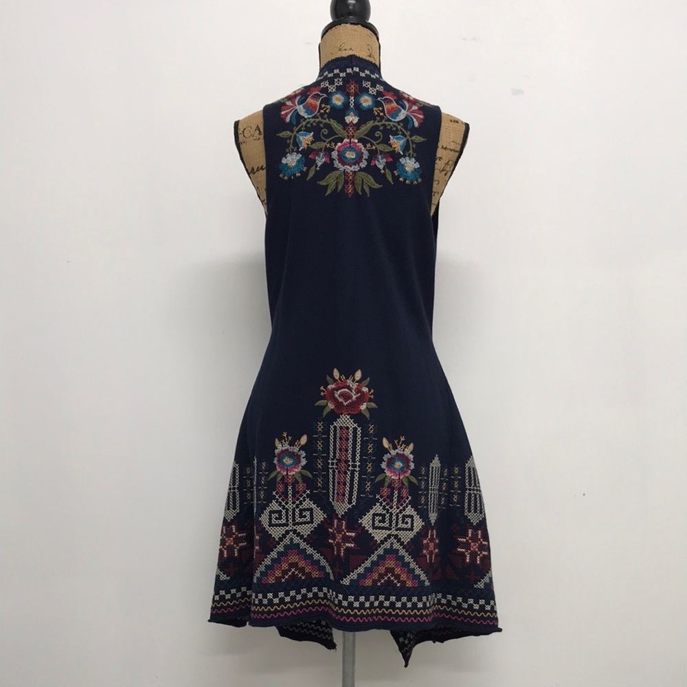 Johnny Was Embroidered Floral Bird Boho Tie Long Vest Size Small